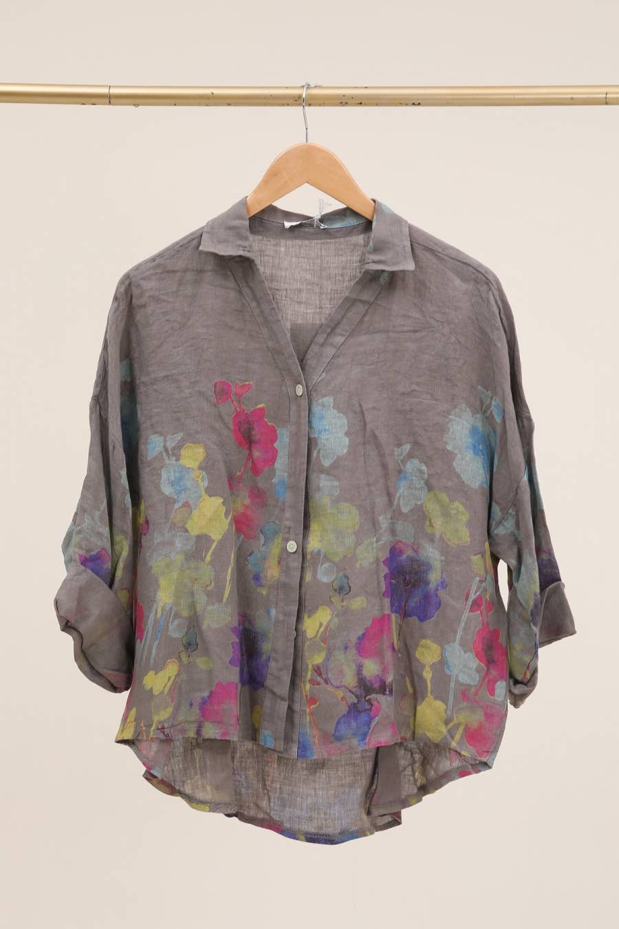 Floral print blouse 20984 100% linen: White