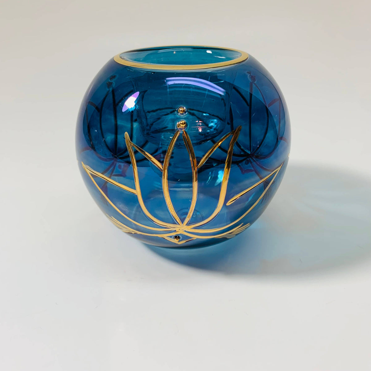 Blown Glass Candle Holder - Lotus Blue