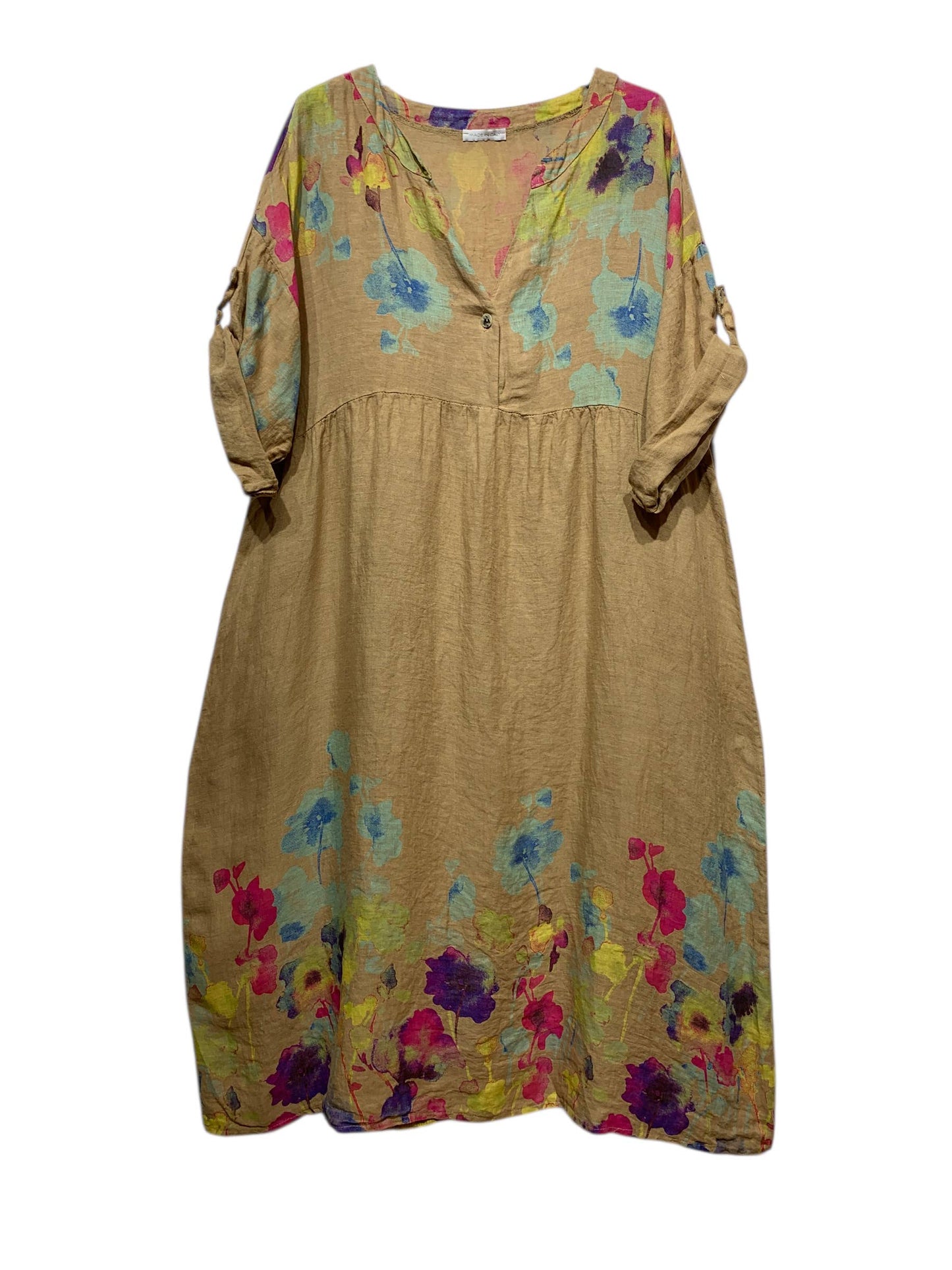 LINEN DRESS 1071 FLORAL PATTERN: CORAL