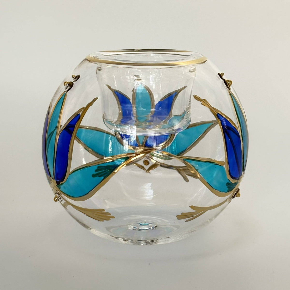 Blown Glass Candle Holder - Lotus Blue & Turquoise