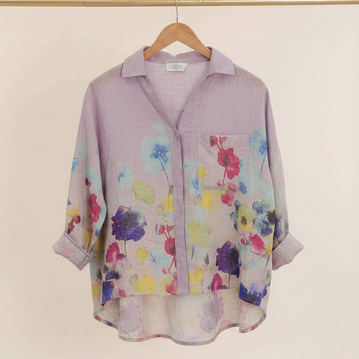 Floral Print Blouse 100% Linen: Lilac