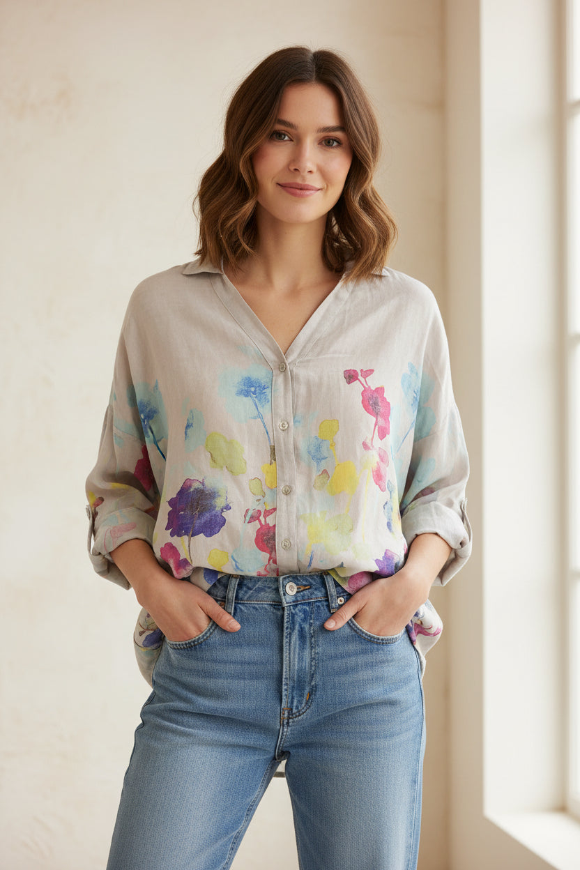 Floral print blouse 20984 100% linen: White