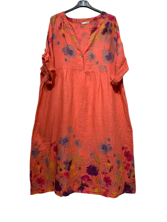 LINEN DRESS 1071 FLORAL PATTERN: CORAL