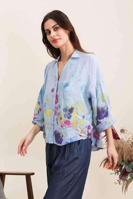 Floral print blouse 20984 100% linen: White