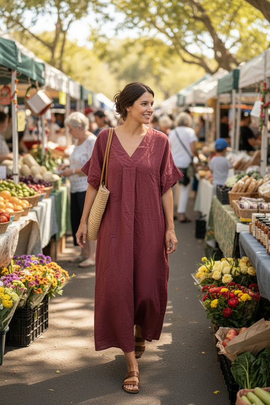 Long Dress V-neck 100% Linen: Wine
