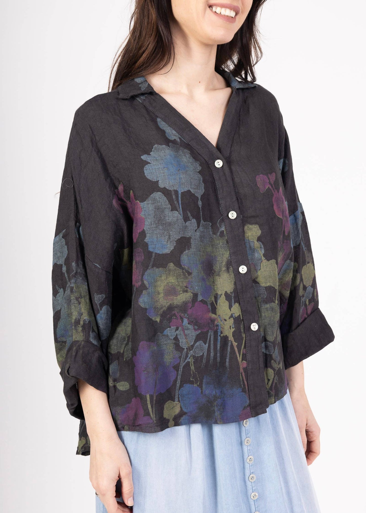 Floral print blouse 20984 100% linen: White
