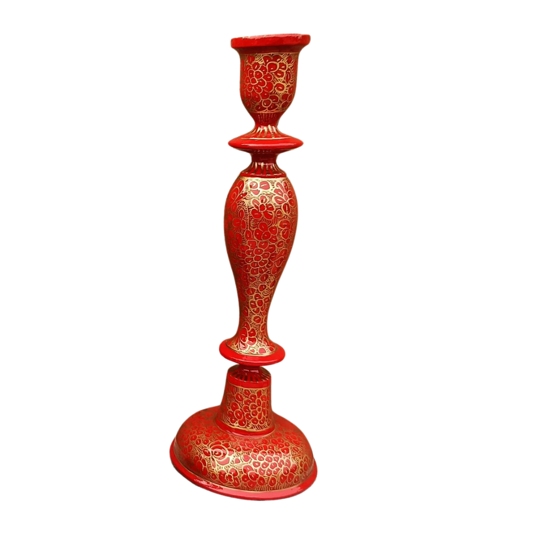 Wooden Candle Stick Holder 12" | Red & Gold