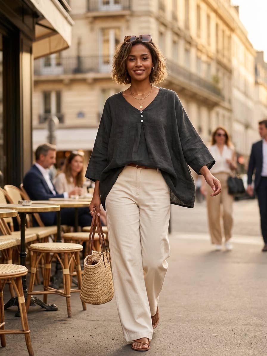 Loose Linen Blouse with Buttoned Neckline: Navy