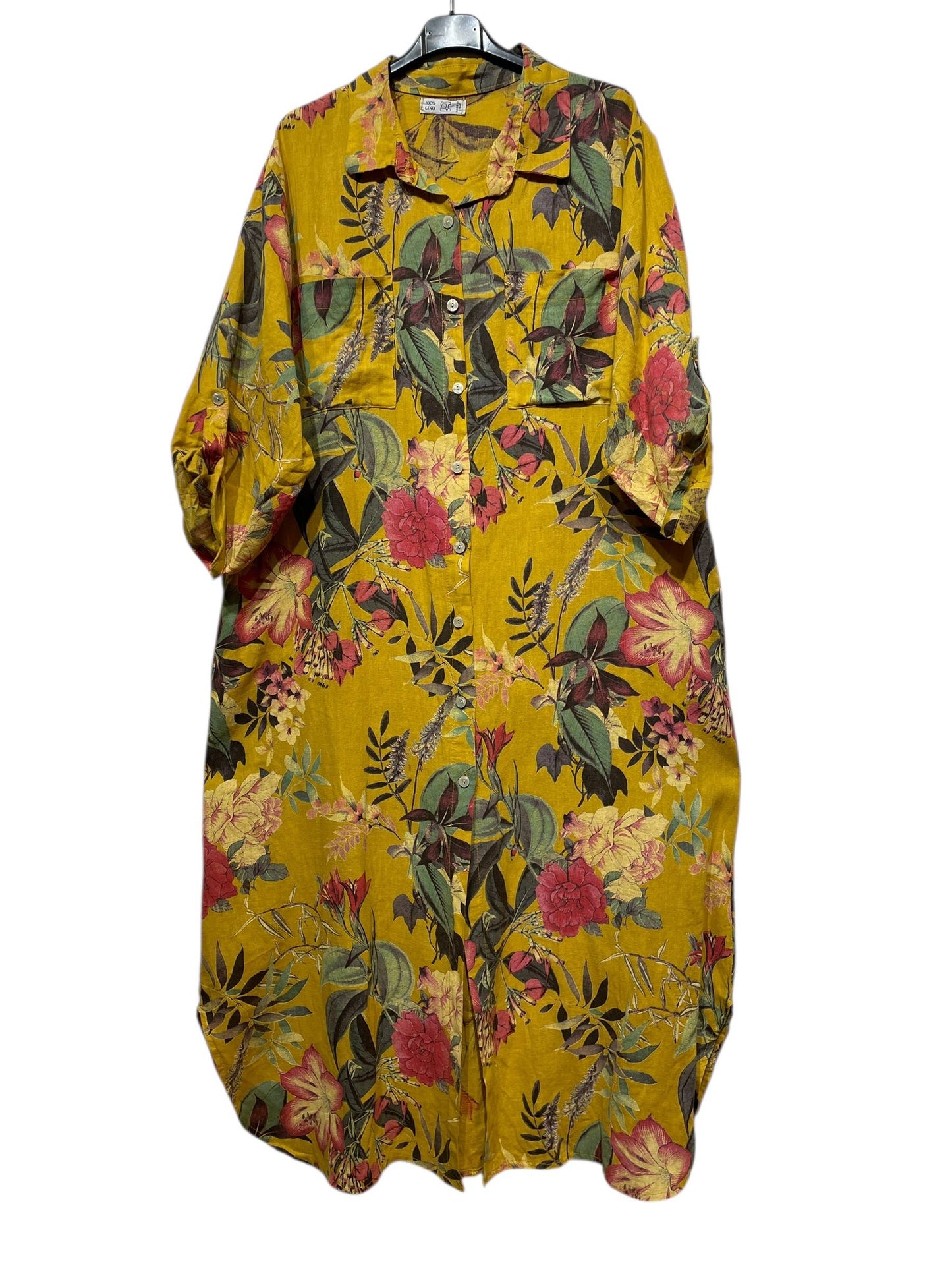05262 LONG LINEN SHIRT, FRONT AND SIDE POCKETS: ANISE
