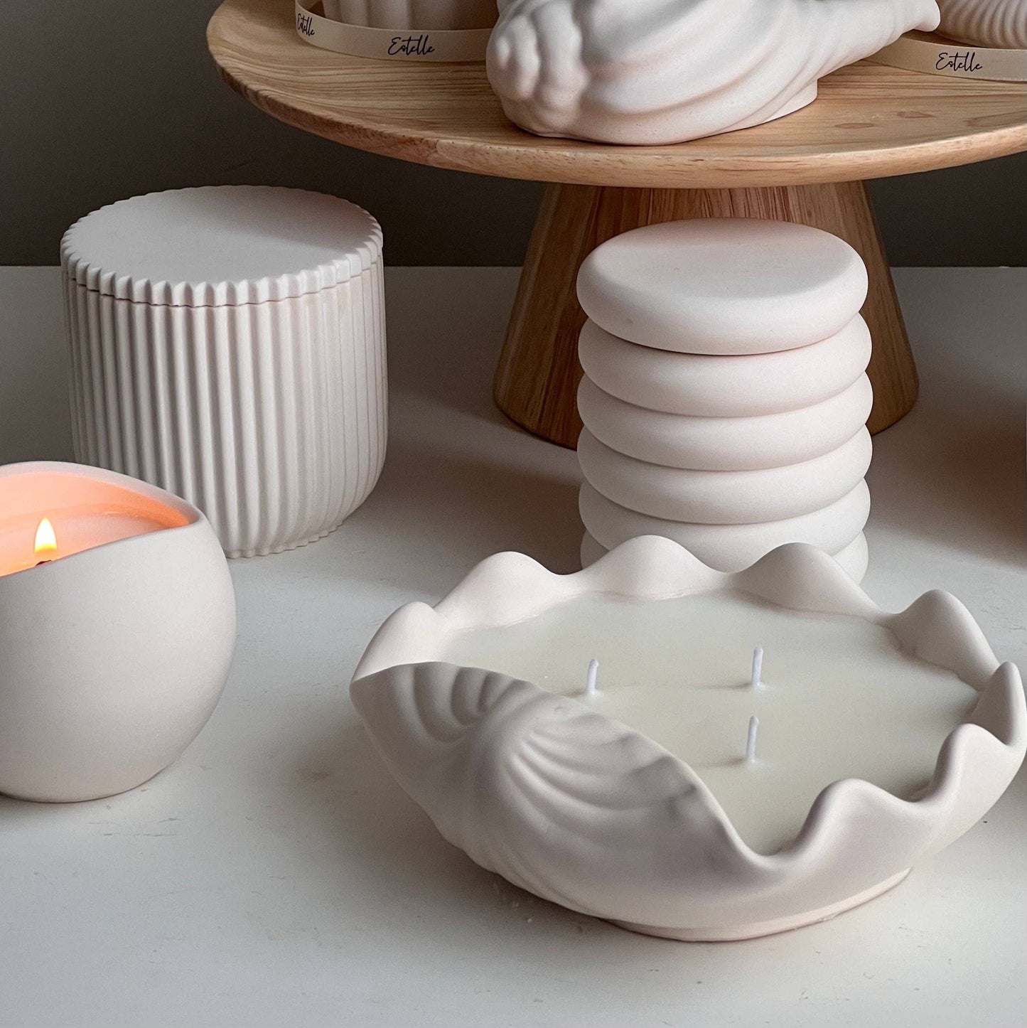 Clam Shell Soy Wax Candle in Jesmonite Vessel: Handmade Scented Candle: Coconut&Lime