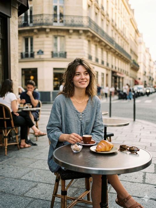 Loose Linen Blouse with Buttoned Neckline: Denim