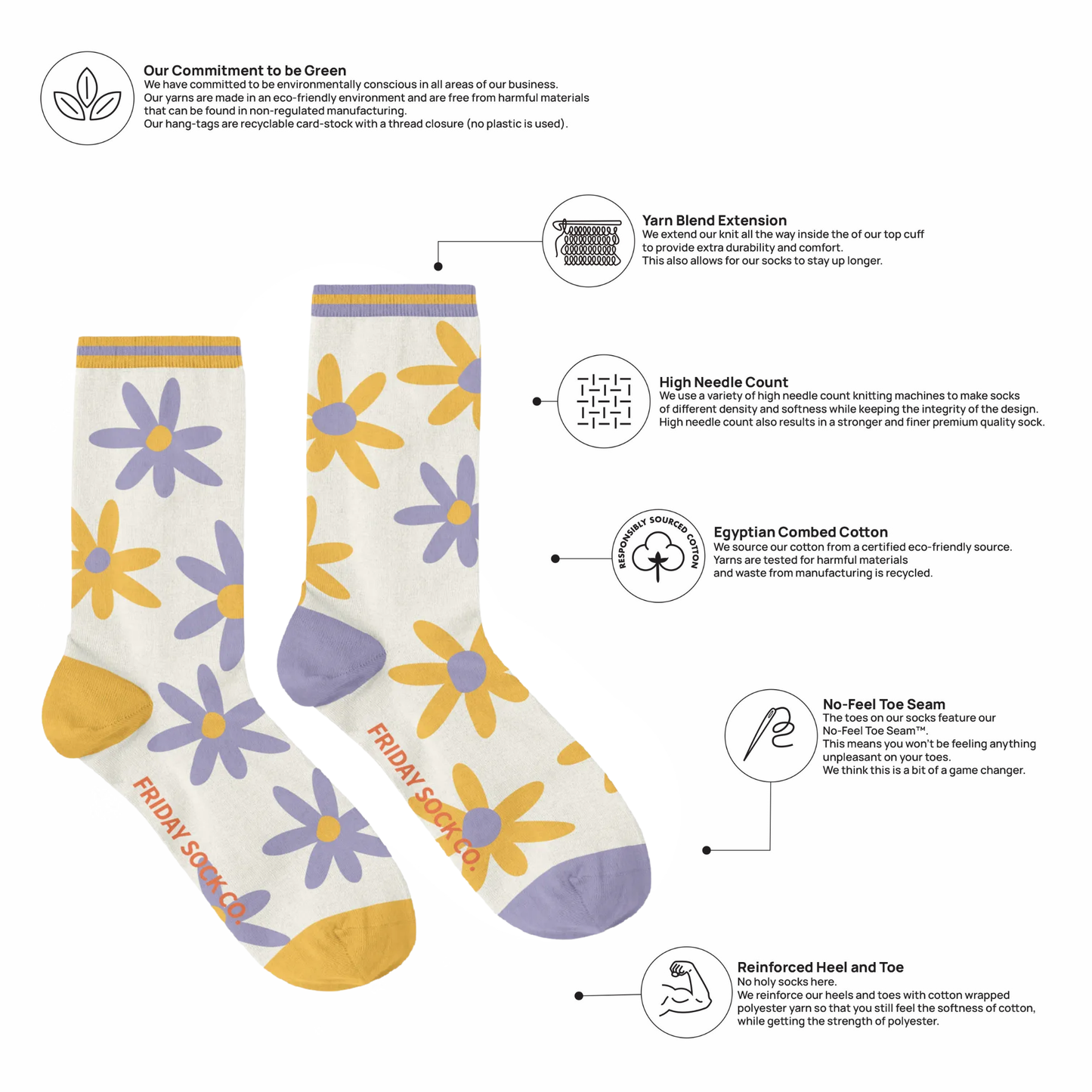 Women's Purple & Yellow Flower Socks: Women’s 5 – 10