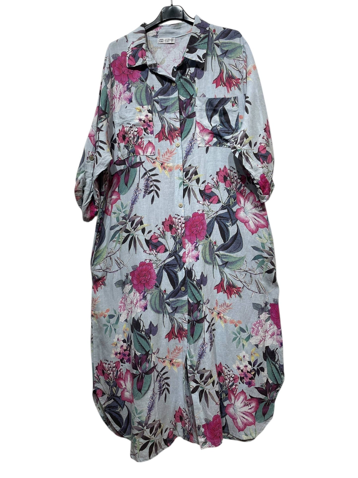 05262 LONG LINEN SHIRT, FRONT AND SIDE POCKETS: ANISE