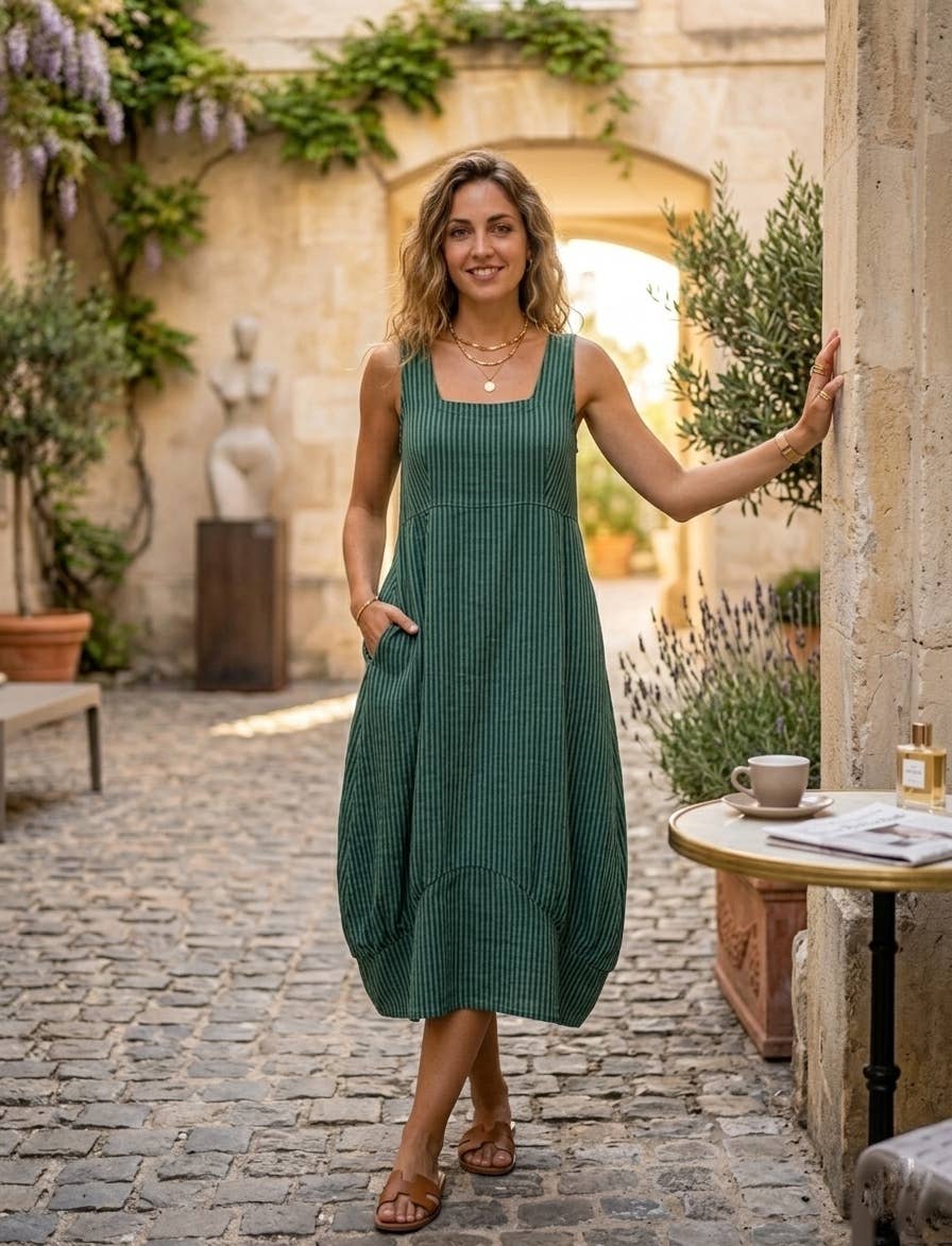 322 LINEN DRESS WITH VERTICAL STRIPES: GRANATA