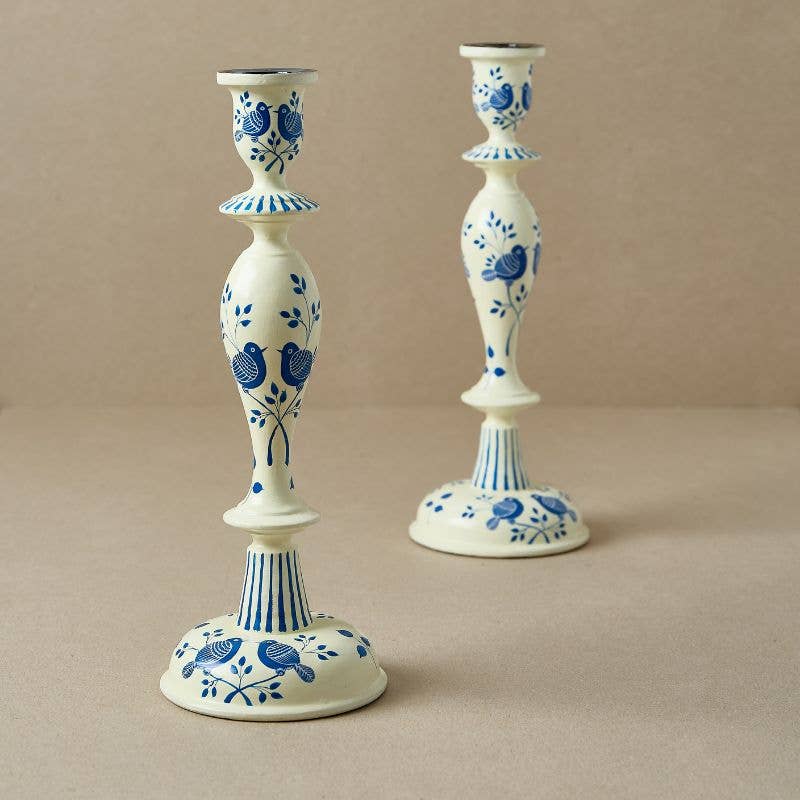 12" Candle Stick Holder | Ivory & Blue Birds