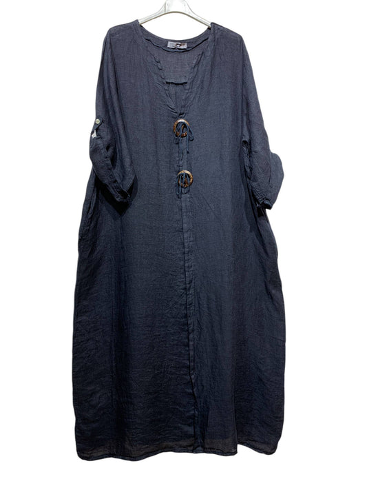 LINEN DRESS WITH SIDE POCKETS 94127: NAVY