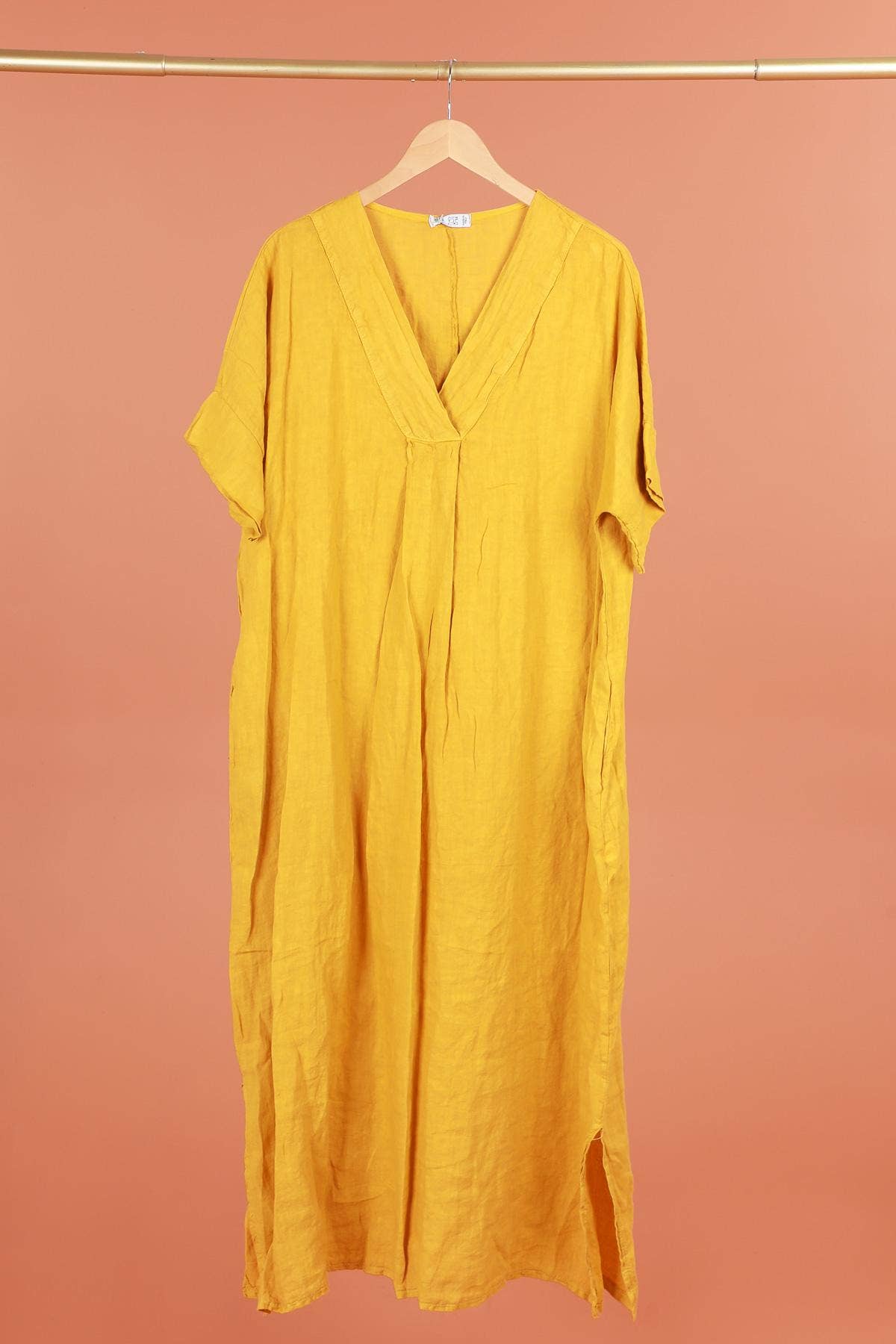Long Dress V-Neck 100% Linen: Sunflower