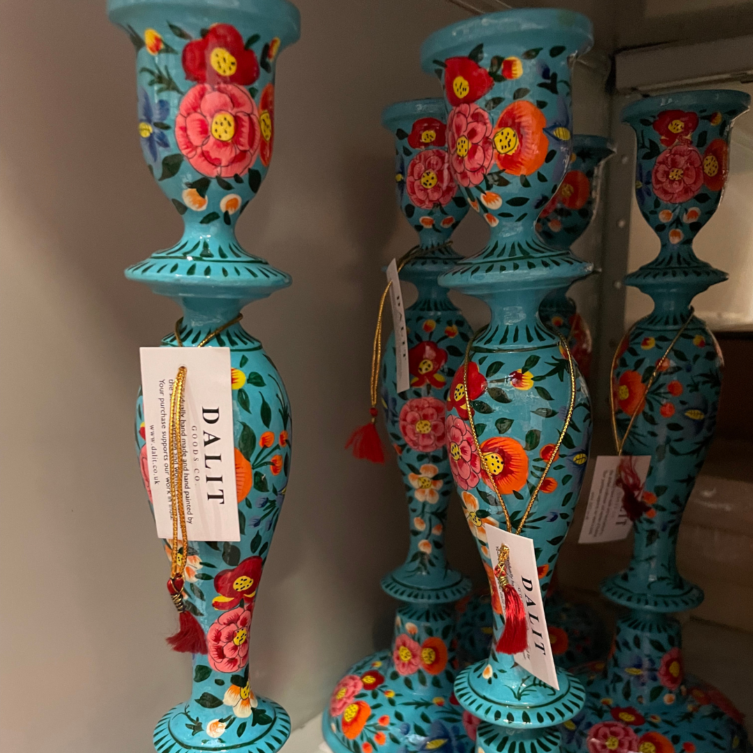 Wooden Candle Stick Holder 12" | Turquoise Floral