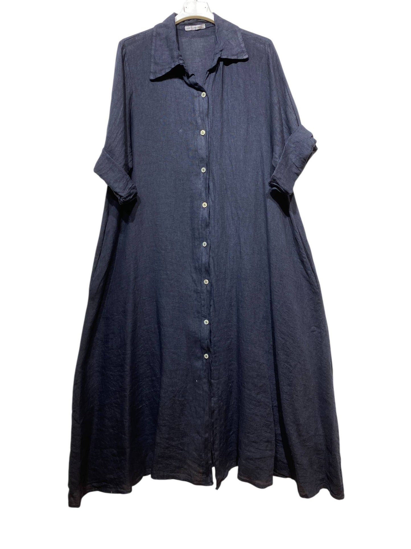 8052 LONG LINEN DRESS WITH POCKETS: NAVY