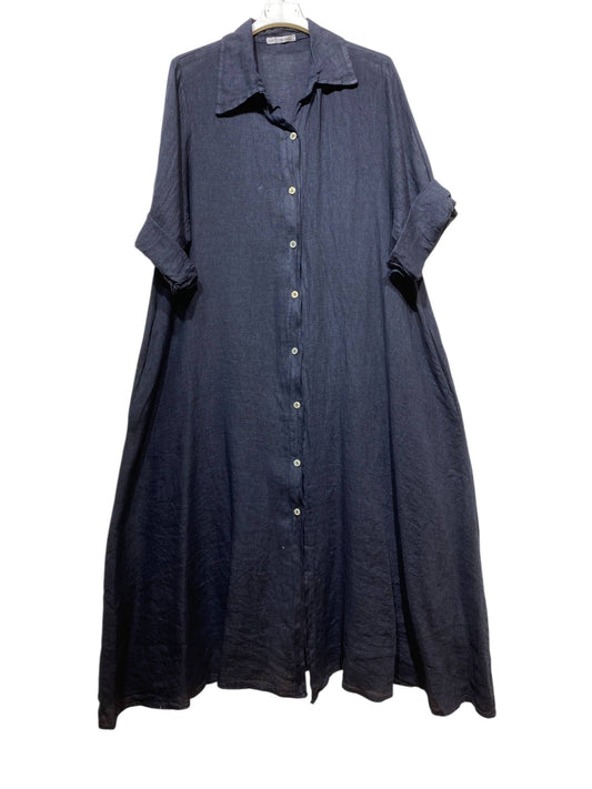 8052 LONG LINEN DRESS WITH POCKETS: NAVY