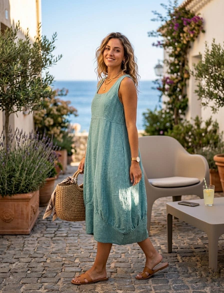 322 LINEN DRESS WITH VERTICAL STRIPES: GRANATA