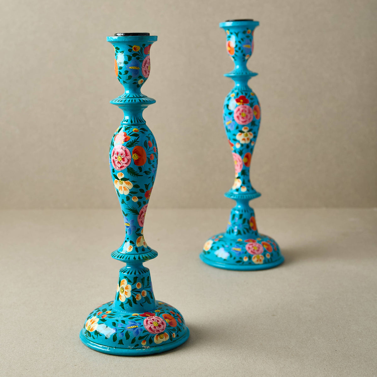 Wooden Candle Stick Holder 12" | Turquoise Floral