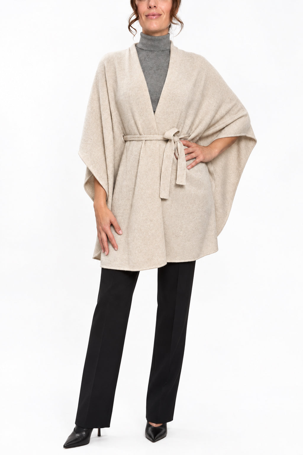 Pure Cashmere Belted Ivory Light Beige Poncho