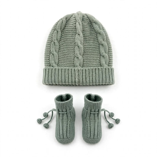 Cap and Bootie Baby Set. 100% Knitted Cashmere - SAGE GREEN