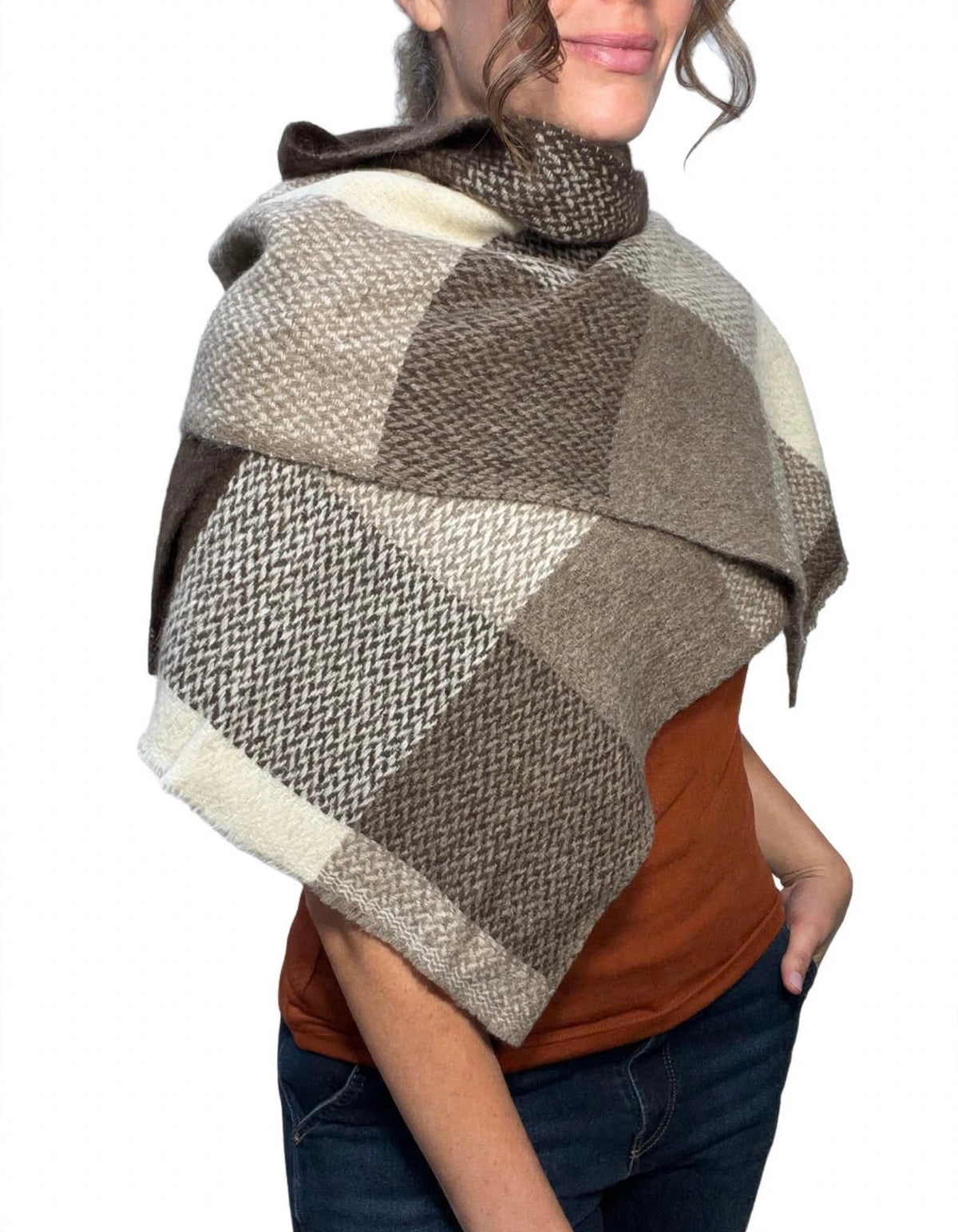 Yak Wool Scarf Large Brown Squares Muffler