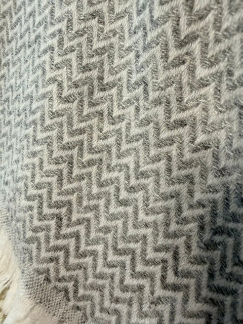 New! Light Grey and Cream Zig Zag Wool-Cashmere Blanket