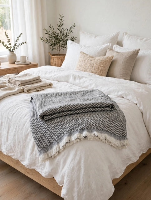New! Navy Blue Herringbone Wool-Cashmere Blanket