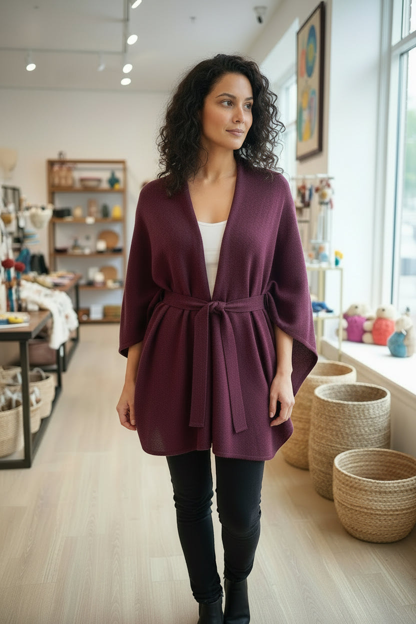 Pure Cashmere Belted PLUM Poncho Boutique 2026