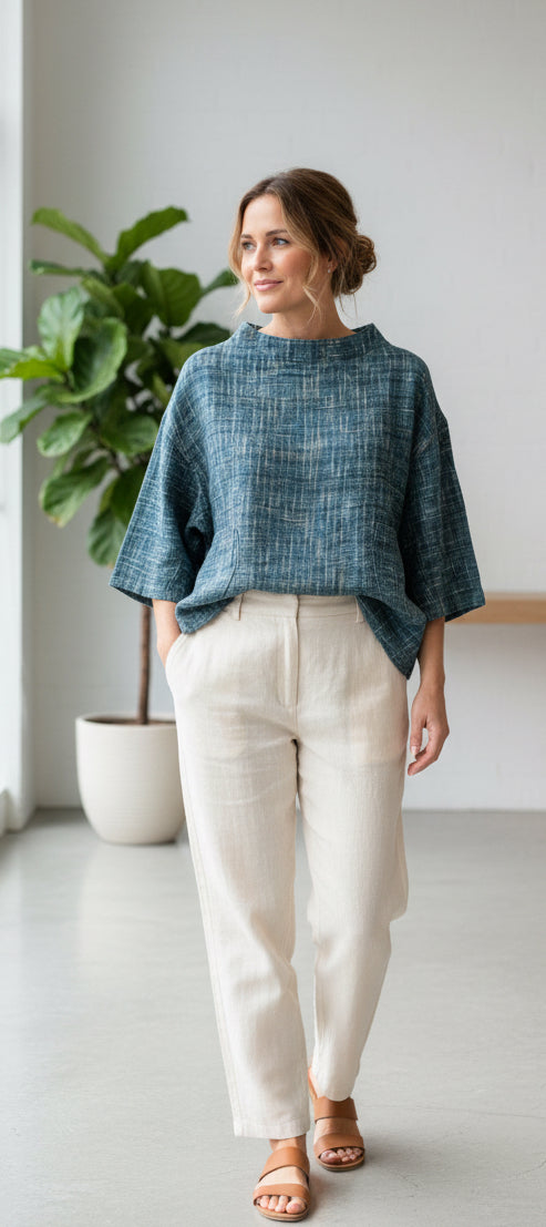 Cotton Short Top with Pockets Denim