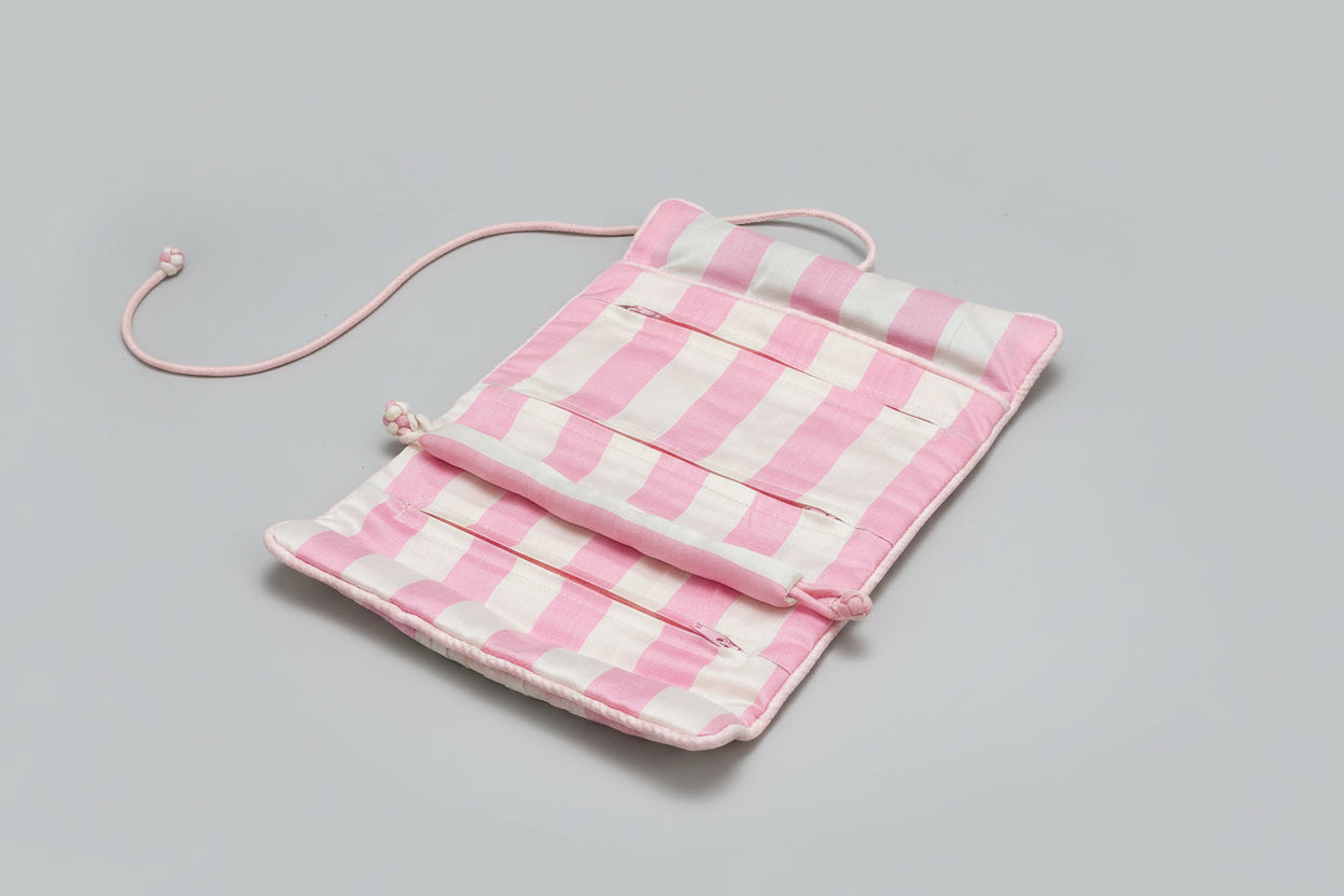 Pink and white stripe Silk Jewellery Roll Large Pouch