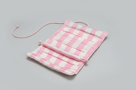 Pink and white stripe Silk Jewellery Roll Large Pouch