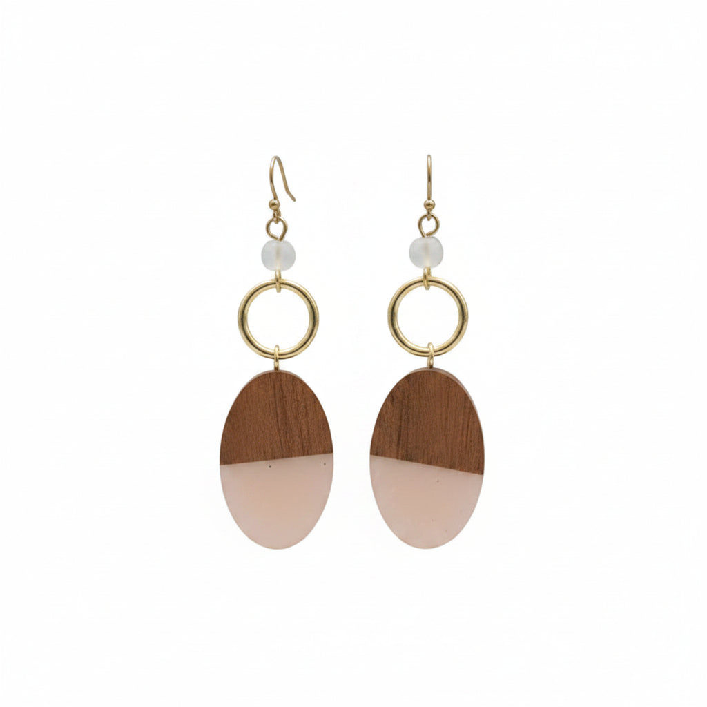 Brass Oval Wood and Resin Earring