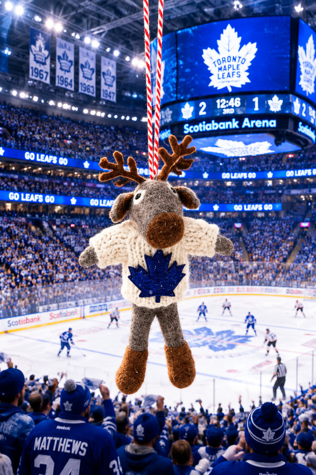 Canadian Moose Ornament with Blue Embroidered Maple Leaf (Go Leaf's!)