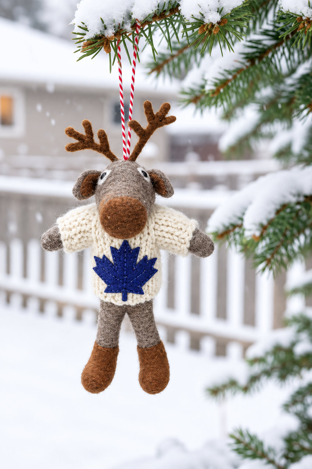 Canadian Moose Ornament with Blue Embroidered Maple Leaf (Go Leaf's!)