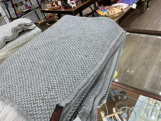New! Medium Grey and Ivory Zig Zag Wool-Cashmere Blanket