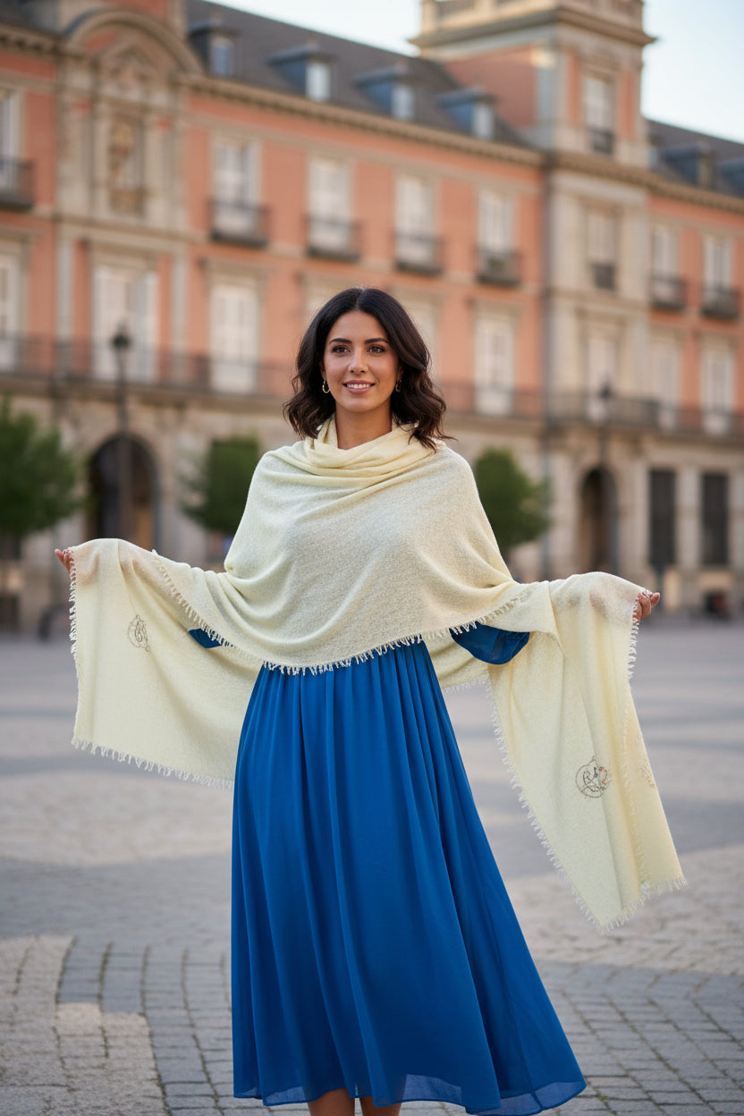 Boutique Hand Woven 100% Pure Cashmere Shawl Pale Yellow
