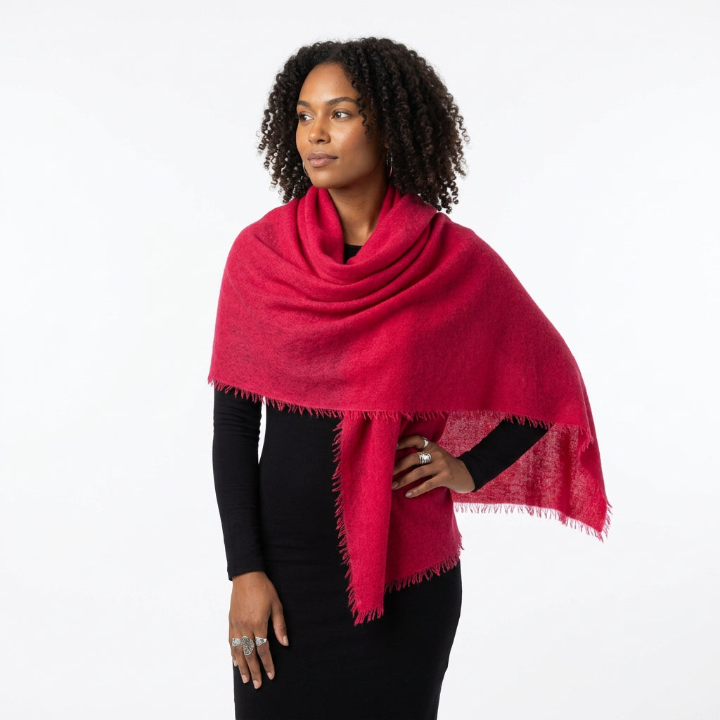 100% Cashmere Red Felted Shawl - Deep Coral