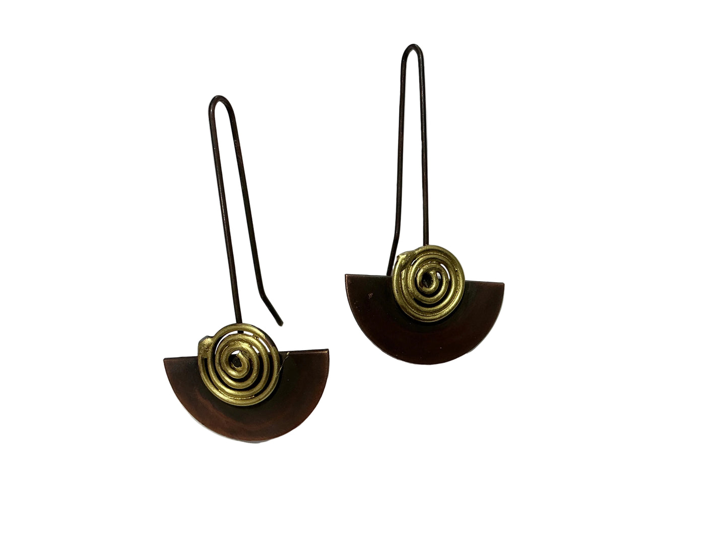 Brass long earrings with brown bottom and gold swirl