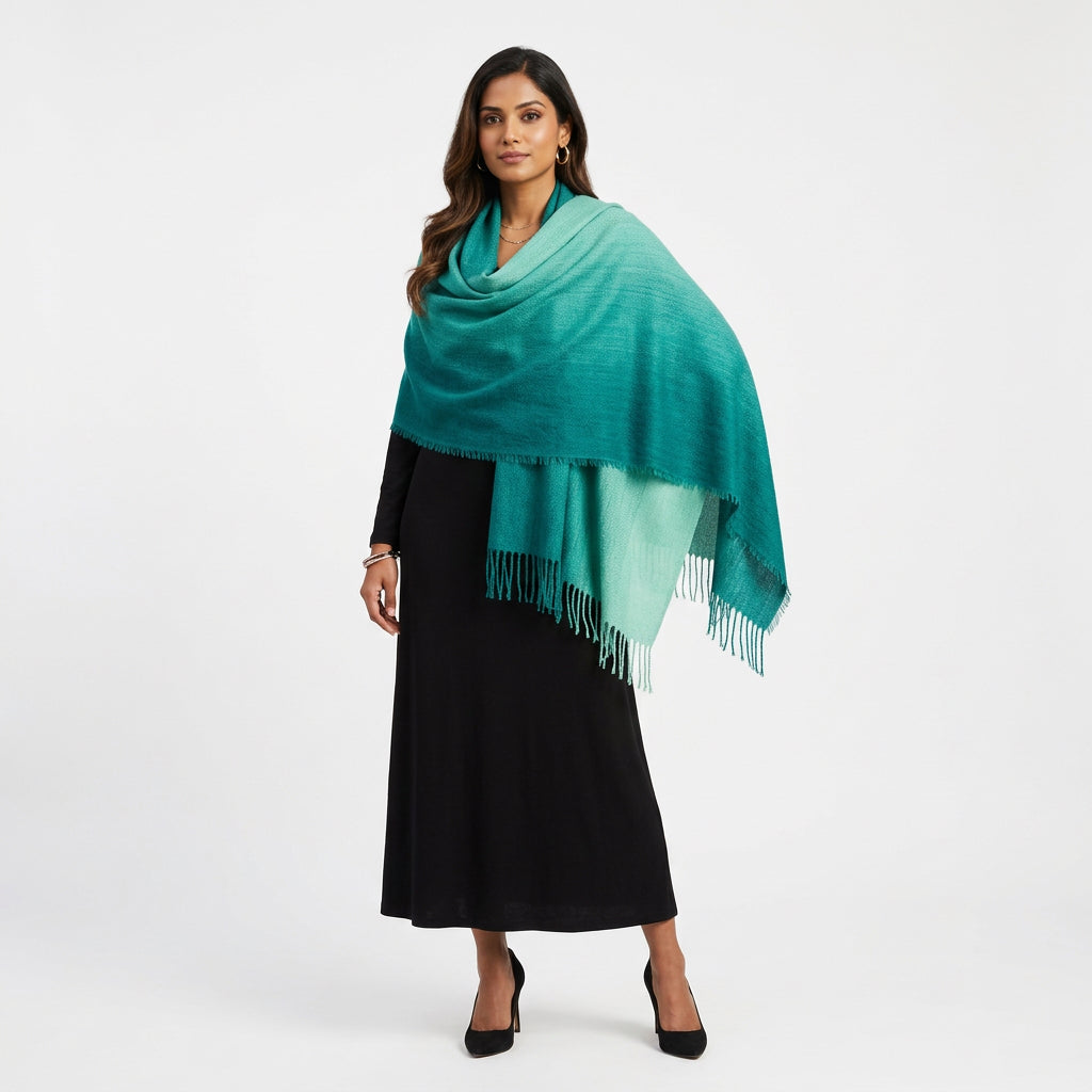 100% Cashmere Teal Green Fade Felted Shawl