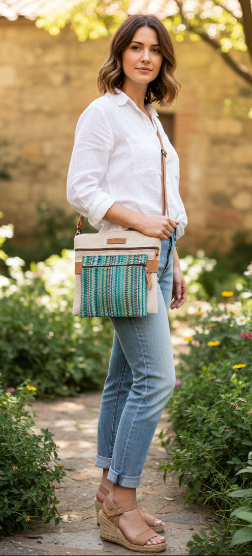 Cotton Woven Small Leather Accent Bag Nepal