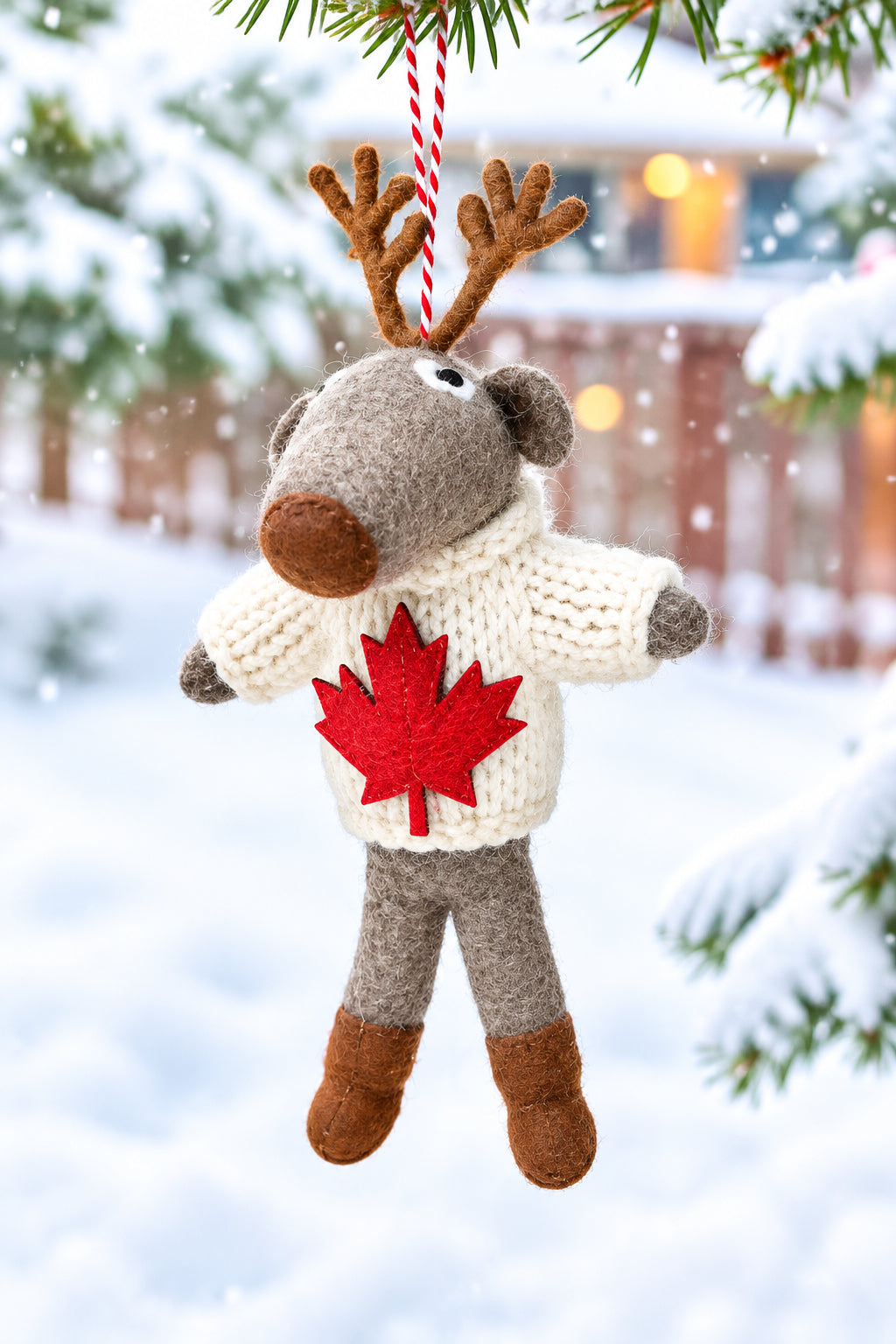 Canadian Moose Ornament with Red Embroidered Maple Leaf