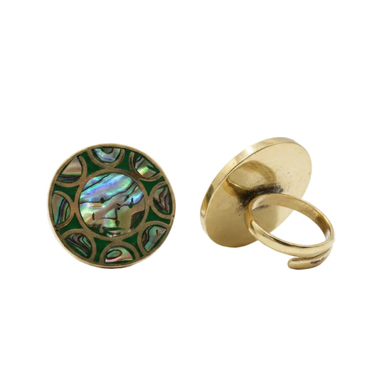 Brass abalone green ring with adjustable back