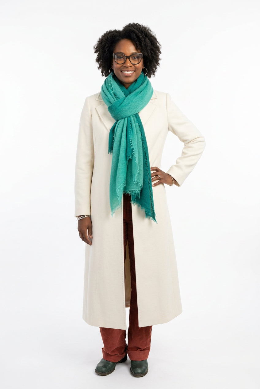 100% Cashmere Teal Green Fade Felted Shawl